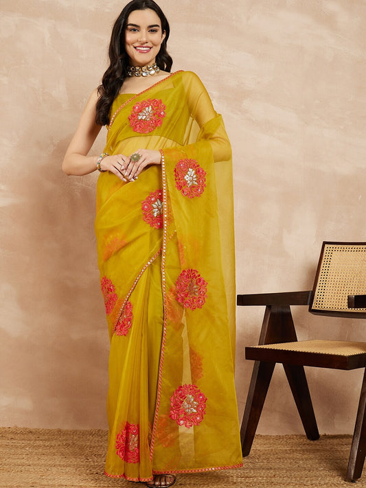 Yellow Floral Embroidered Sequinned Organza Saree