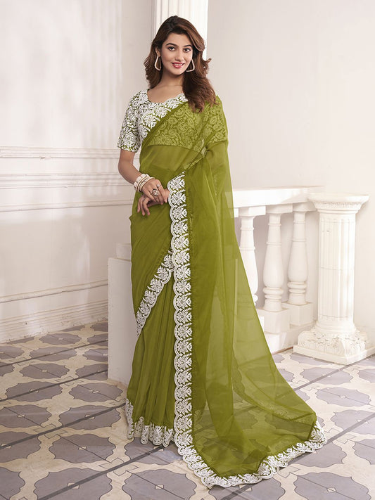 Green And White Embroidered Organza Saree