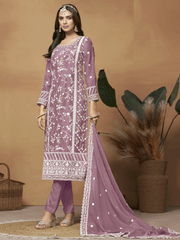 Lilac Organza Festive Wear Stright Cut Style Suit