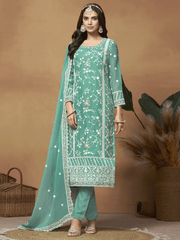 Turquoise Organza Partywear Stright Cut Style Suit