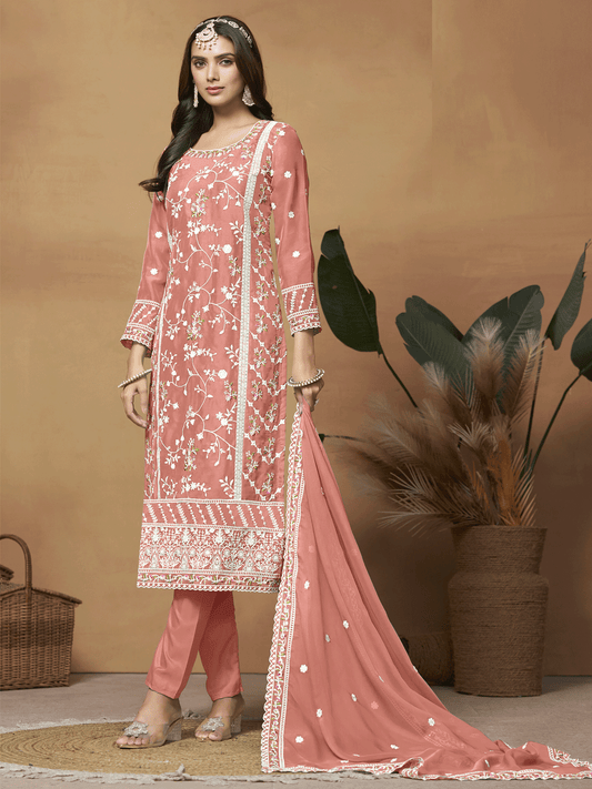 Peach Organza Festive Wear Stright Cut Style Suit