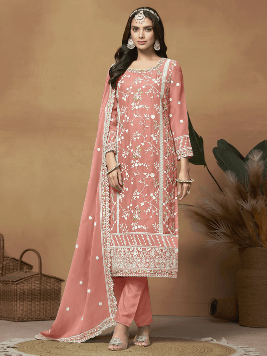 Peach Organza Festive Wear Stright Cut Style Suit