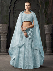 Net Aqua Blue Embroidered Readymade Lehenga Choli