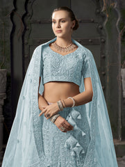 Net Aqua Blue Embroidered Readymade Lehenga Choli