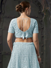 Net Aqua Blue Embroidered Readymade Lehenga Choli