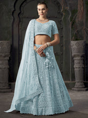 Net Aqua Blue Embroidered Readymade Lehenga Choli