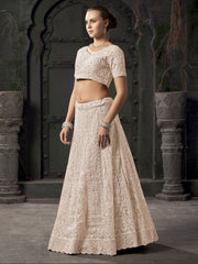 Net Embroidered Cream Readymade Lehenga Choli For Sangeet