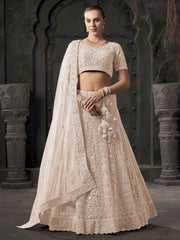 Net Embroidered Cream Readymade Lehenga Choli For Sangeet