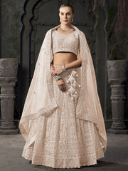 Net Embroidered Cream Readymade Lehenga Choli For Sangeet