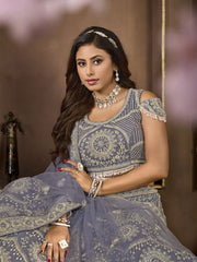 Glamorous Dusty Blue Embroidered Net Designer Lehenga Choli