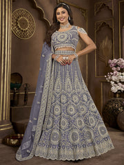 Glamorous Dusty Blue Embroidered Net Designer Lehenga Choli