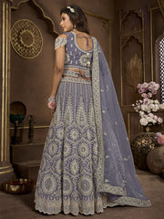 Glamorous Dusty Blue Embroidered Net Designer Lehenga Choli