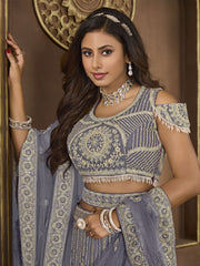 Glamorous Dusty Blue Embroidered Net Designer Lehenga Choli