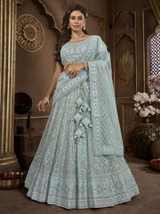 Awesome Sky-Blue Embroidered Net Wedding Wear Lehenga Choli