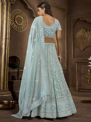 Awesome Sky-Blue Embroidered Net Wedding Wear Lehenga Choli