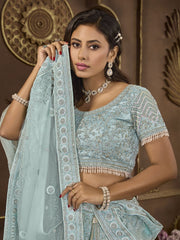 Awesome Sky-Blue Embroidered Net Wedding Wear Lehenga Choli