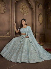 Awesome Sky-Blue Embroidered Net Wedding Wear Lehenga Choli