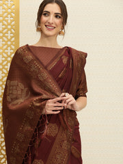 Maroon & Bronze-Toned Ethnic Motifs Beads and Stones Saree