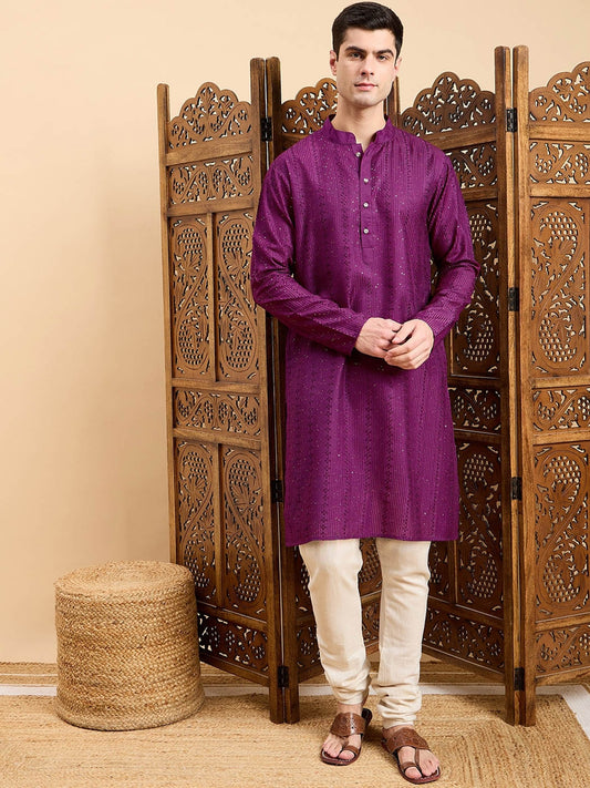 Purple Striped Embroidered Mandarin Collar Straight Kurta