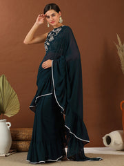 Teal Embroidered Poly Georgette Saree