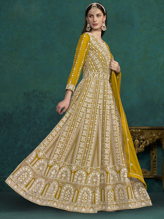 Yellow Lucknowi Embroidery Kalidar Anarkali Suit