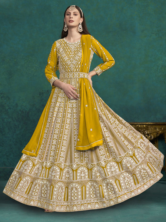 Yellow Lucknowi Embroidery Kalidar Anarkali Suit