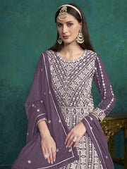 Purple Lucknowi Embroidery Kalidar Anarkali Suit