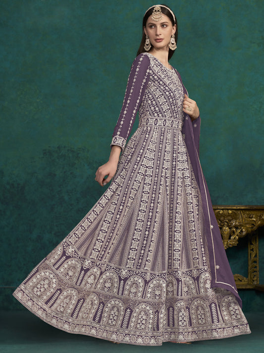 Purple Lucknowi Embroidery Kalidar Anarkali Suit