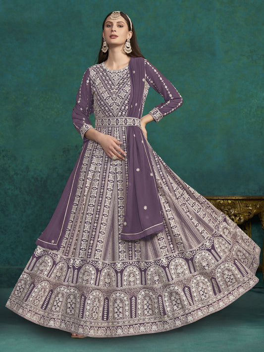 Purple Lucknowi Embroidery Kalidar Anarkali Suit