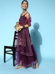 Women Mauve Ethnic Motifs Net Ethereal Embroidery Kurta Set