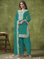 Turquoise Multi Embroidered Punjabi Suit