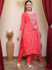 Pink Thread Embroidered Round Neck Kurta With Trousers & Dupatta