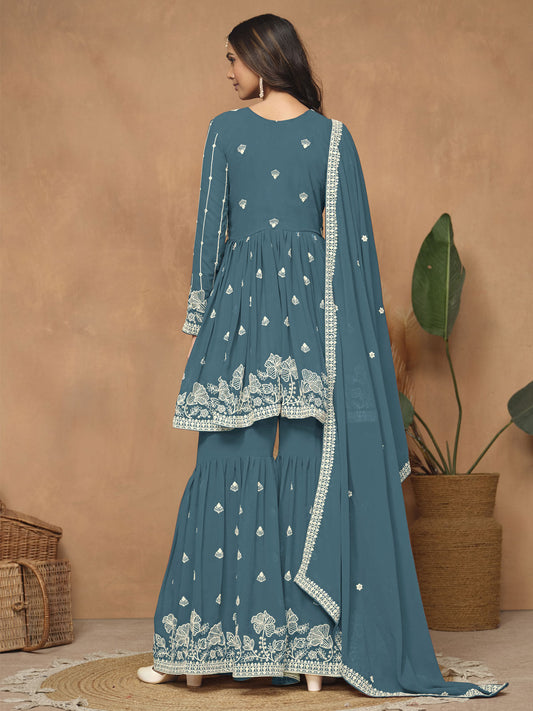 Teal Blue Embroidered Gharara Suit