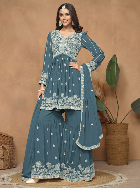 Teal Blue Embroidered Gharara Suit