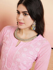 Pink & White Floral Embroidered Straight Kurta & Dhoti Pant