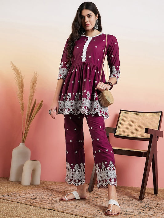 Purple & White Floral Embroidered Pleated Ethnic Co-ords