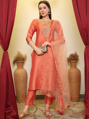 Orange Sequence Embroidered Round Neck Kurta With Trousers & Dupatta