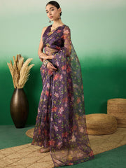 Purple Floral Digital Printed Organza Saree