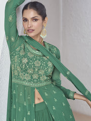 Green Front Slit Embroidered Lehenga Skirt Suit