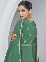 Green Front Slit Embroidered Lehenga Skirt Suit