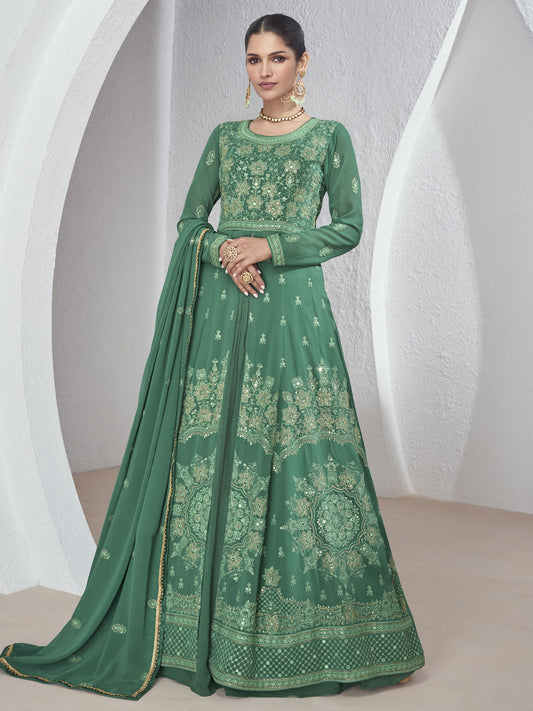 Green Front Slit Embroidered Lehenga Skirt Suit