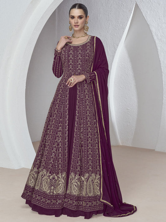 Wine Plum Front Slit Embroidered Lehenga Skirt Suit