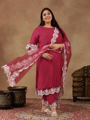 Plus Size Embroidered Thread Work Straight Kurta With Trousers & Dupatta