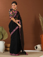 Black And Pink Embroidered Organza Saree