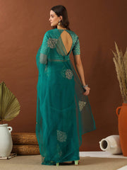 Turquoise Ethnic Motifs Zari Net Saree