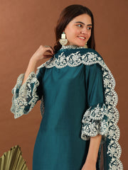 Teal Thread Work Round Neck Flared Sleeves Kurta with Trousers & With Dupatta