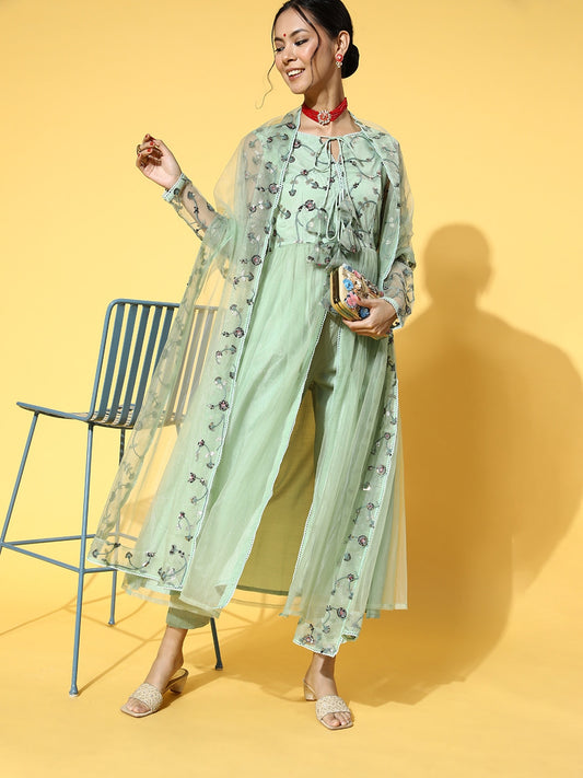 Green Women Floral Net Bling it On Kurta Set