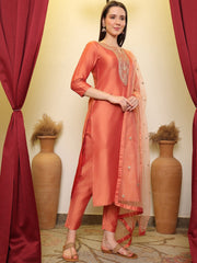 Orange Sequence Embroidered Round Neck Kurta With Trousers & Dupatta