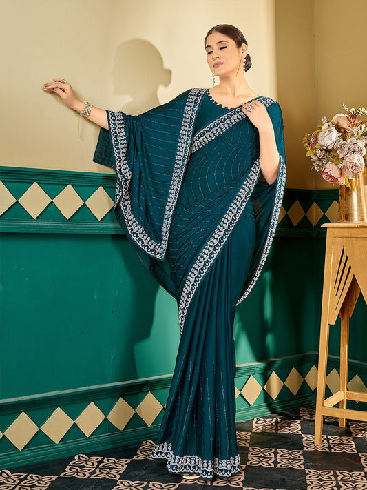 Teal Embellished Sequinned Satin Saree