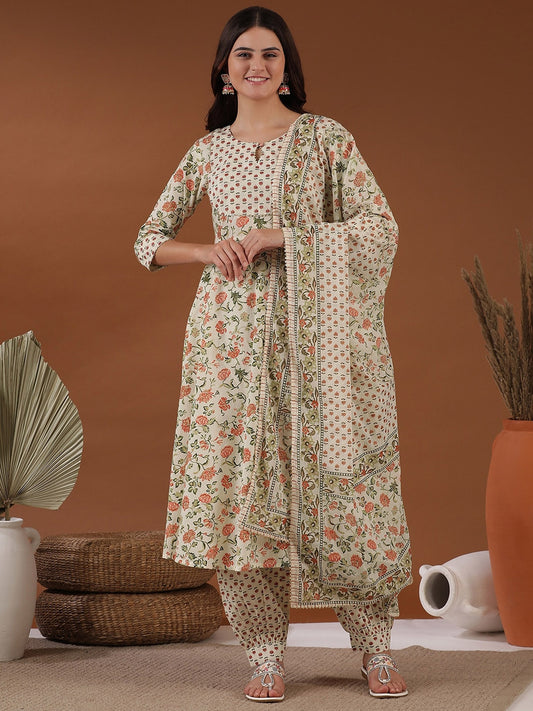 Beige Floral Printed Notched Neck Empire Gotta Patti A-Line Kurta Pants & Dupatta